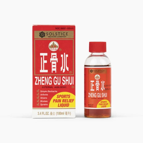Red box and bottle of Zheng Gu Shui 3.4 fl oz by Yulin Brand, distributed by Solstice Medicines.