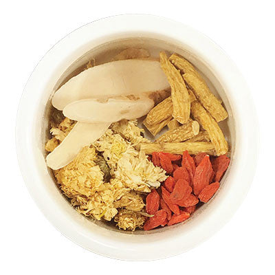 Image of ingredients for root + spring's Baby Chrysanthemum and Ginseng. 