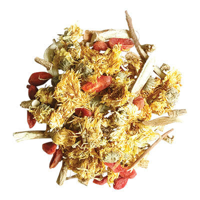 Image of ingredients for root + spring's Baby Chrysanthemum and Ginseng. rootandspring.com