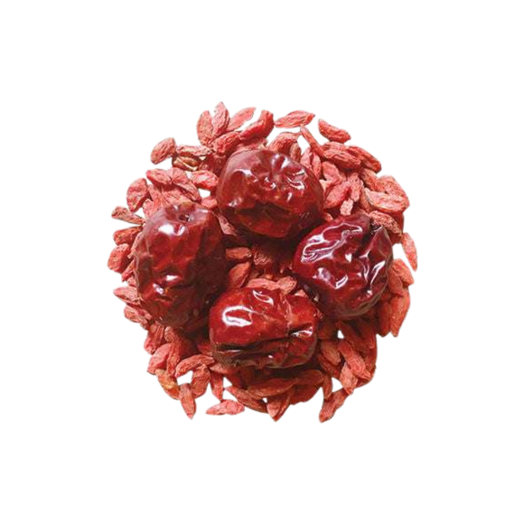 Image of ingredients for root + spring's  Goji Berries & Red Dates "Blood Revitalizer" Chinese Herbal Tea Mix.