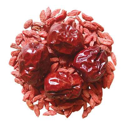 Image of ingredients for root + spring's  Goji Berries & Red Dates "Blood Revitalizer" Chinese Herbal Tea Mix.