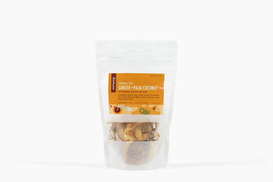 Image of packaging for root + spring's Dried Ginger & Palm Coconut "Beat the Bloat" Chinese Herbal Tea Mix.