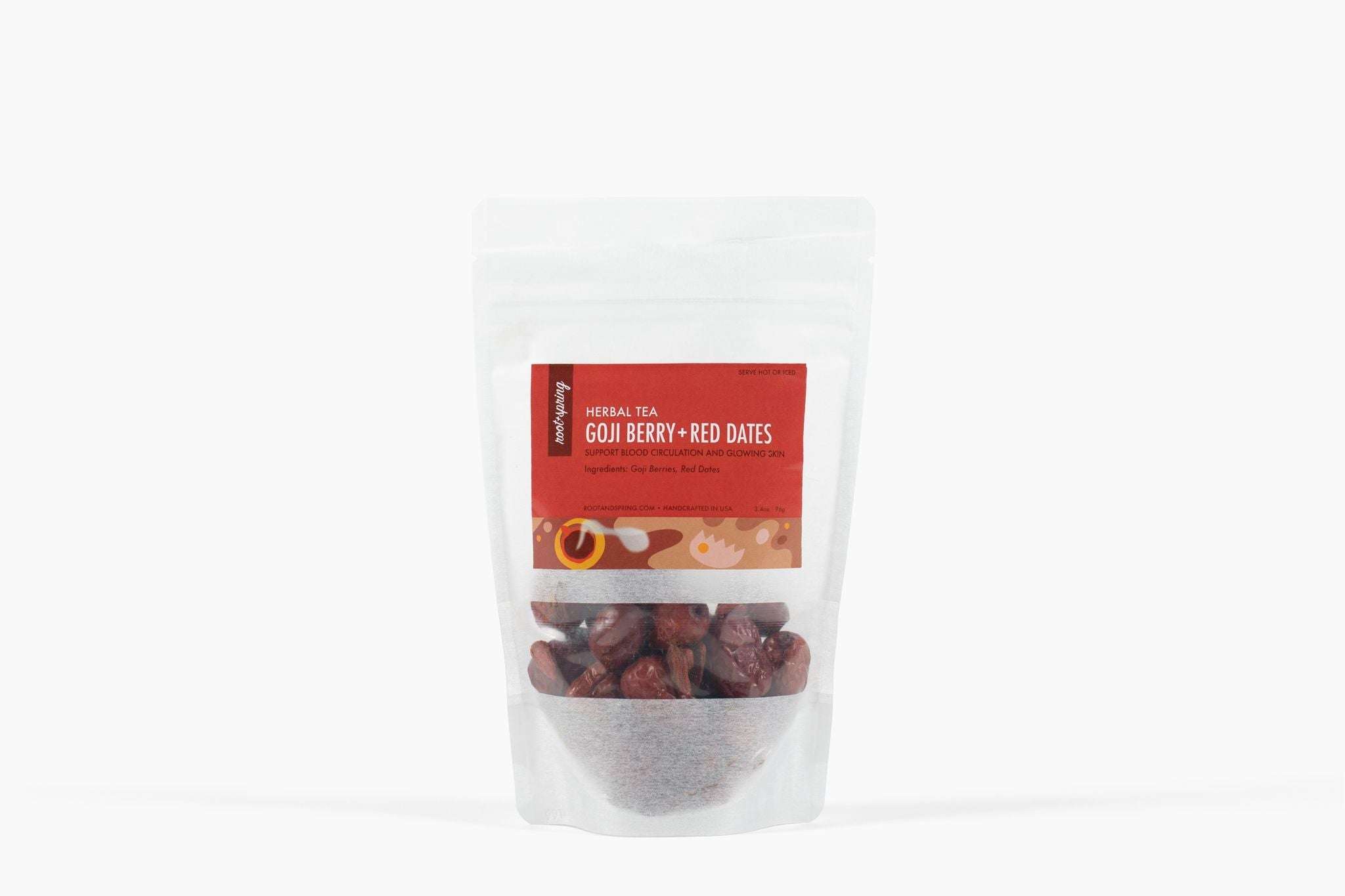 Image for packaging for root + spring's Goji Berries & Red Dates "Blood Revitalizer" Chinese Herbal Tea Mix.