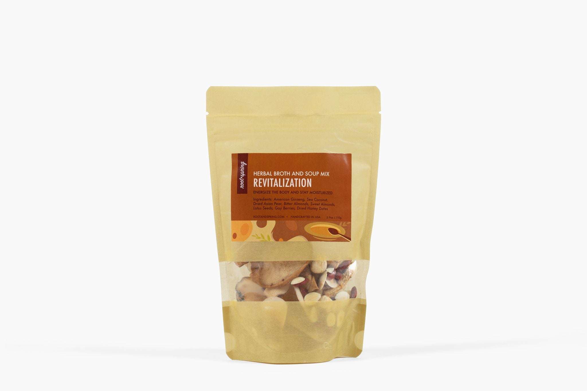 Image of packaging for root + spring's Chinese herbal broth and soup mix for revitalization. 