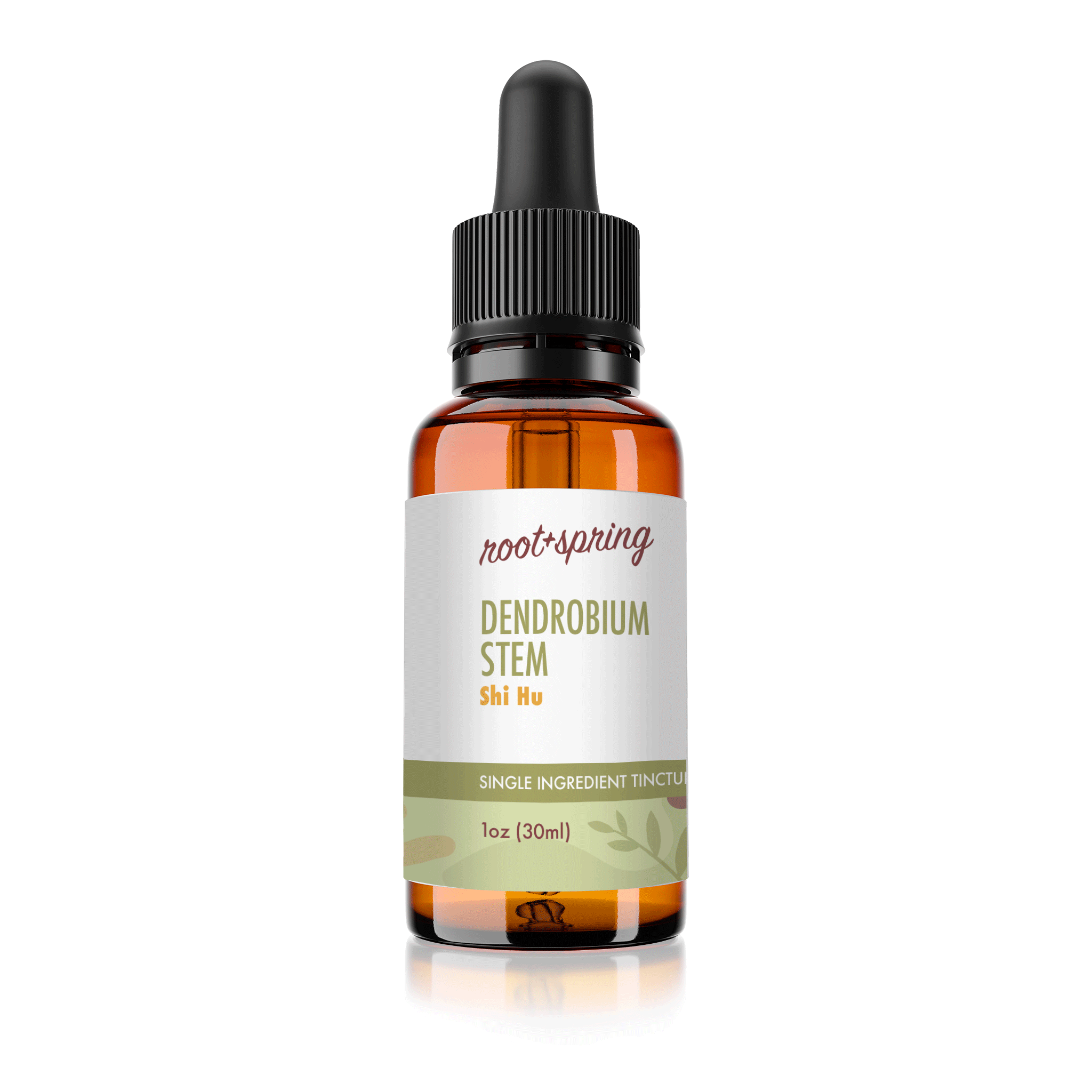 Amber eyedropper-top tincture bottle containing 1 fluid ounce (30 milliliters) of root + spring Dendrobium Stem Shi Hu Chinese herbal tincture.