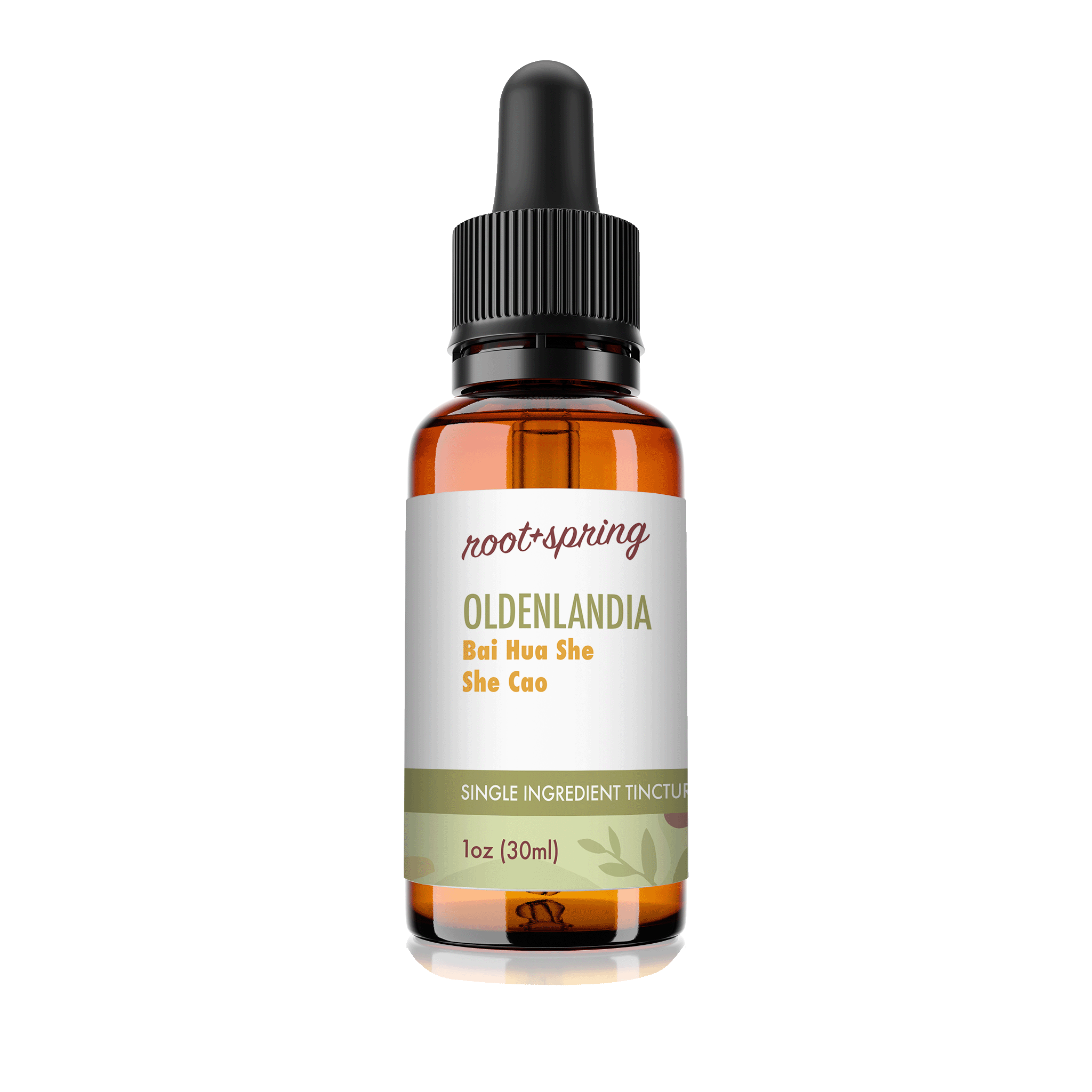 Amber eyedropper-top tincture bottle containing 1 fluid ounce (30 milliliters) of root + spring Dissolve Mass Stasis Breaker Chinese herbal tincture.