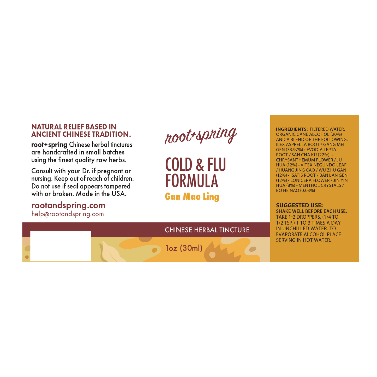 Label with Ingredients, Suggested Use, and Precautions for root + spring Cold and Flu Formula Gan Mao Ling Chinese herbal tincture.