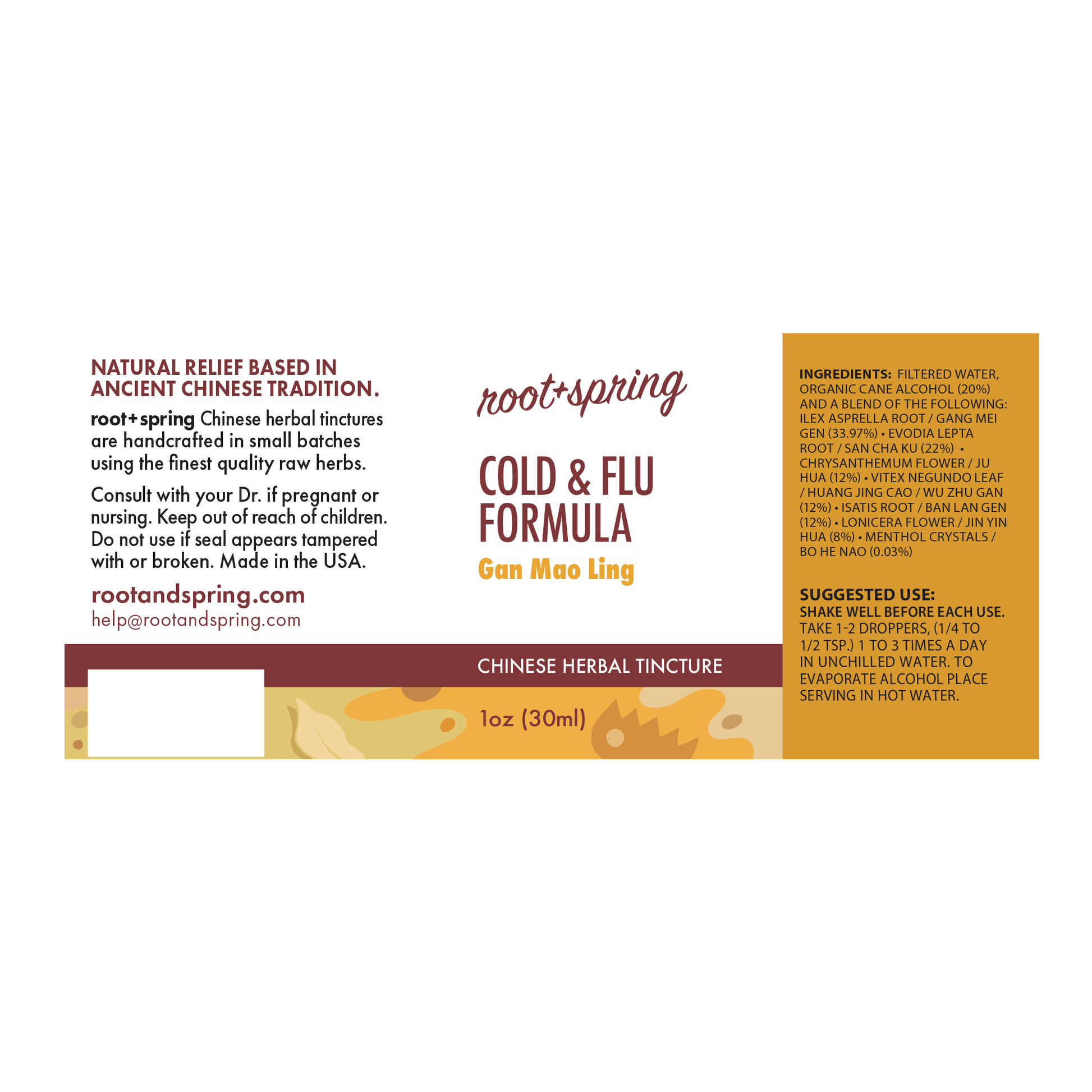 Label with Ingredients, Suggested Use, and Precautions for root + spring Cold and Flu Formula Gan Mao Ling Chinese herbal tincture.
