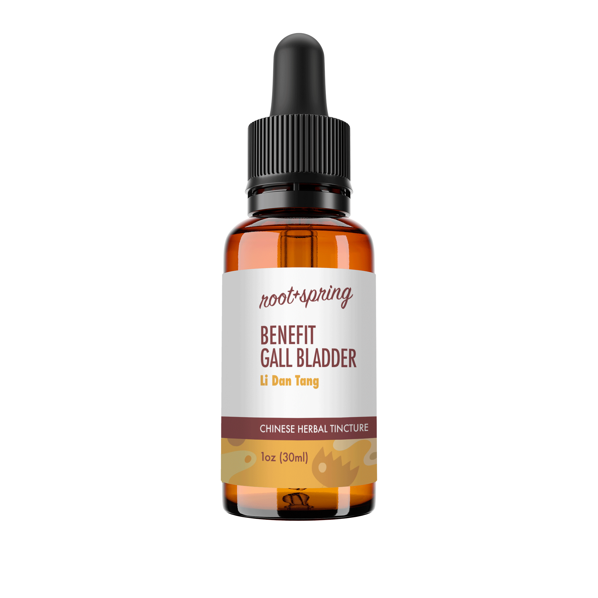 Amber eyedropper-top tincture bottle containing 1 fluid ounce (30 milliliters) of root + spring Benefit Gall Bladder Li Dan Tang Chinese herbal tincture.