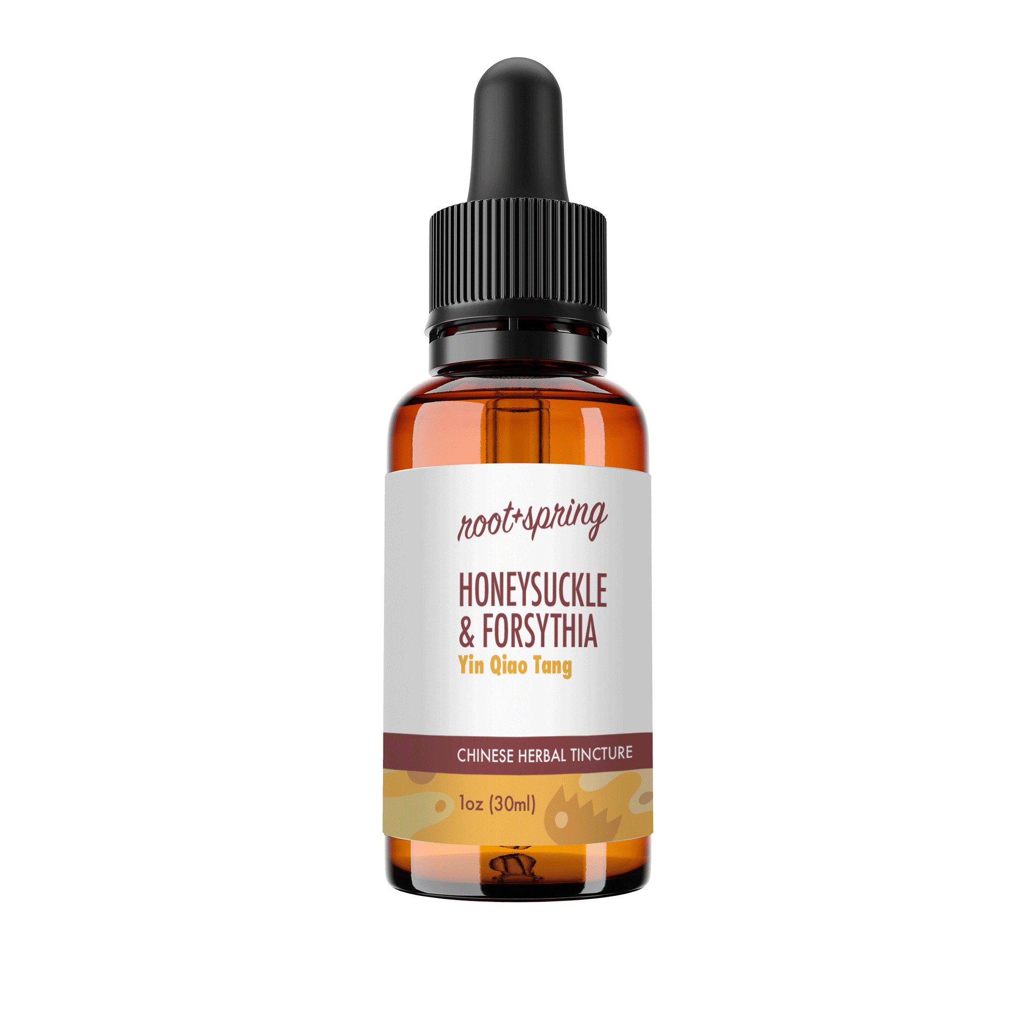 Amber eyedropper-top tincture bottle containing 1 fluid ounce (30 milliliters) of root + spring Honeysuckle and Forsythia Yin Qiao Tang Chinese herbal tincture.