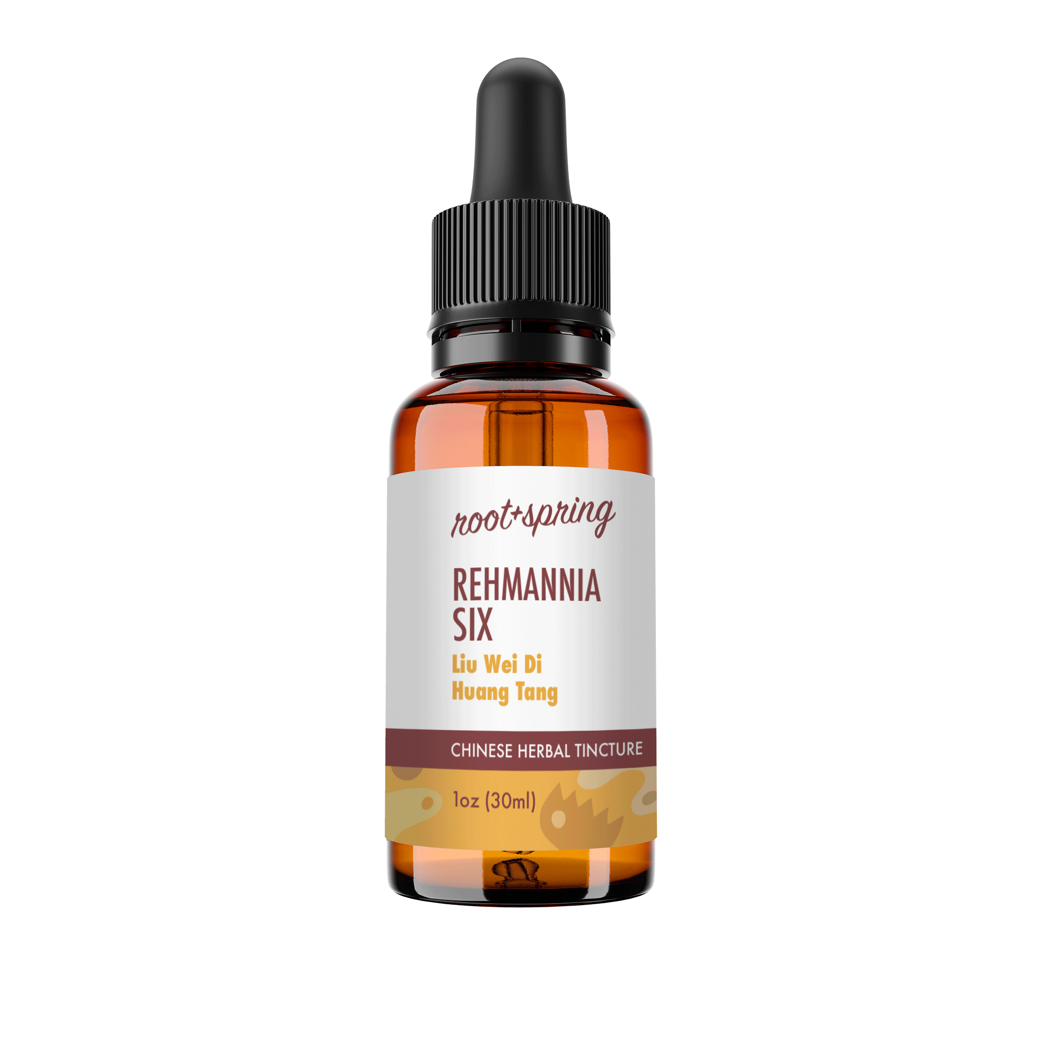 Amber eyedropper-top tincture bottle containing 1 fluid ounce (30 milliliters) of root + spring Rehmannia Six Liu Wei Di Huang Tang Chinese herbal tincture.